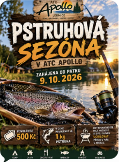 Pstruhová sezóna v ATC Apollo od 9. 10. 2026. Povolenka 500 Kč, v ceně až 1 kg pstruha.